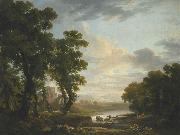 George Barret, An extensive wooded river landscape with shepherds recicling in the foreground and ruins beyond